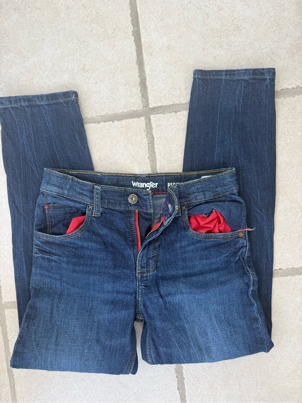 Wrangle Regular Taper Boy’s Kids Jeans in Medium Wash Dark Blue with Red Pockets